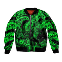 Personalised Polynesian Sleeve Zip Bomber Jacket Tribal Honu Turtle with Hibiscus Green Version - Wonder Print Shop