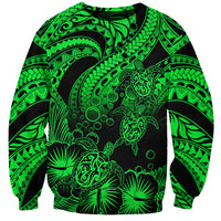 Personalised Polynesian Sweatshirt Tribal Honu Turtle with Hibiscus Green Version - Wonder Print Shop