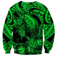 Personalised Polynesian Sweatshirt Tribal Honu Turtle with Hibiscus Green Version - Wonder Print Shop