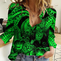 Personalised Polynesian Women Casual Shirt Tribal Honu Turtle with Hibiscus Green Version - Wonder Print Shop