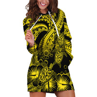Personalised Polynesian Hoodie Dress Tribal Honu Turtle with Hibiscus Gold Version - Wonder Print Shop