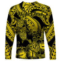 Personalised Polynesian Long Sleeve Shirt Tribal Honu Turtle with Hibiscus Gold Version - Wonder Print Shop