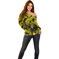 Personalised Polynesian Off Shoulder Sweater Tribal Honu Turtle with Hibiscus Gold Version - Wonder Print Shop