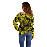 Personalised Polynesian Off Shoulder Sweater Tribal Honu Turtle with Hibiscus Gold Version - Wonder Print Shop