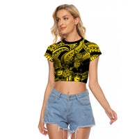Personalised Polynesian Raglan Cropped T Shirt Tribal Honu Turtle with Hibiscus Gold Version - Wonder Print Shop