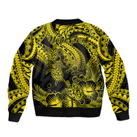 Personalised Polynesian Sleeve Zip Bomber Jacket Tribal Honu Turtle with Hibiscus Gold Version - Wonder Print Shop