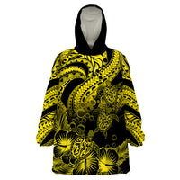 Personalised Polynesian Wearable Blanket Hoodie Tribal Honu Turtle with Hibiscus Gold Version - Wonder Print Shop