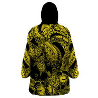 Personalised Polynesian Wearable Blanket Hoodie Tribal Honu Turtle with Hibiscus Gold Version - Wonder Print Shop