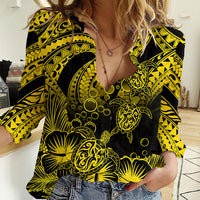 Personalised Polynesian Women Casual Shirt Tribal Honu Turtle with Hibiscus Gold Version - Wonder Print Shop