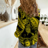 Personalised Polynesian Women Casual Shirt Tribal Honu Turtle with Hibiscus Gold Version - Wonder Print Shop