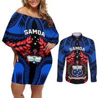 Samoa Couples Matching Off Shoulder Short Dress and Long Sleeve Button Shirts Heritage Festival Samoan Tattoo With Ula Fala Kava Bowl - Wonder Print Shop