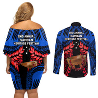 Samoa Couples Matching Off Shoulder Short Dress and Long Sleeve Button Shirts Heritage Festival Samoan Tattoo With Ula Fala Kava Bowl - Wonder Print Shop