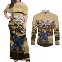 Alligator Alcatraz Couples Matching Off Shoulder Maxi Dress and Long Sleeve Button Shirt Police Gator Rock Penitentiary - Wonder Print Shop