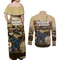 Alligator Alcatraz Couples Matching Off Shoulder Maxi Dress and Long Sleeve Button Shirt Police Gator Rock Penitentiary - Wonder Print Shop
