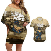 Alligator Alcatraz Couples Matching Off Shoulder Short Dress and Hawaiian Shirt Police Gator Rock Penitentiary - Wonder Print Shop