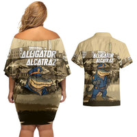 Alligator Alcatraz Couples Matching Off Shoulder Short Dress and Hawaiian Shirt Police Gator Rock Penitentiary - Wonder Print Shop