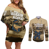 Alligator Alcatraz Couples Matching Off Shoulder Short Dress and Long Sleeve Button Shirt Police Gator Rock Penitentiary - Wonder Print Shop
