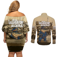 Alligator Alcatraz Couples Matching Off Shoulder Short Dress and Long Sleeve Button Shirt Police Gator Rock Penitentiary - Wonder Print Shop