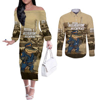 Alligator Alcatraz Couples Matching Off The Shoulder Long Sleeve Dress and Long Sleeve Button Shirt Police Gator Rock Penitentiary - Wonder Print Shop