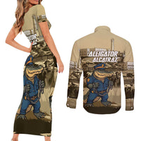 Alligator Alcatraz Couples Matching Short Sleeve Bodycon Dress and Long Sleeve Button Shirt Police Gator Rock Penitentiary - Wonder Print Shop