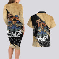 Alligator Alcatraz Couples Matching Long Sleeve Bodycon Dress and Hawaiian Shirt Gator and Python Restricted Area - Wonder Print Shop