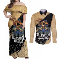 Alligator Alcatraz Couples Matching Off Shoulder Maxi Dress and Long Sleeve Button Shirt Gator and Python Restricted Area - Wonder Print Shop