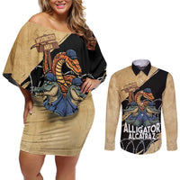 Alligator Alcatraz Couples Matching Off Shoulder Short Dress and Long Sleeve Button Shirt Gator and Python Restricted Area - Wonder Print Shop