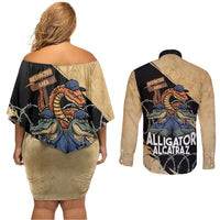 Alligator Alcatraz Couples Matching Off Shoulder Short Dress and Long Sleeve Button Shirt Gator and Python Restricted Area - Wonder Print Shop