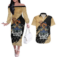 Alligator Alcatraz Couples Matching Off The Shoulder Long Sleeve Dress and Hawaiian Shirt Gator and Python Restricted Area - Wonder Print Shop