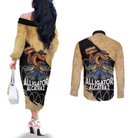 Alligator Alcatraz Couples Matching Off The Shoulder Long Sleeve Dress and Long Sleeve Button Shirt Gator and Python Restricted Area - Wonder Print Shop