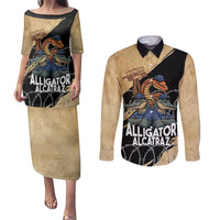 Alligator Alcatraz Couples Matching Puletasi and Long Sleeve Button Shirt Gator and Python Restricted Area - Wonder Print Shop
