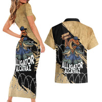Alligator Alcatraz Couples Matching Short Sleeve Bodycon Dress and Hawaiian Shirt Gator and Python Restricted Area - Wonder Print Shop