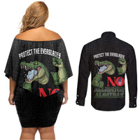 Protect The Everglades Couples Matching Off Shoulder Short Dress and Long Sleeve Button Shirt Gator No Alligator Alcatraz - Wonder Print Shop