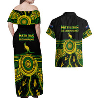 Australia Soccer Couples Matching Off Shoulder Maxi Dress and Hawaiian Shirt Aboriginal Go Matildas 2023 World Cup - Wonder Print Shop