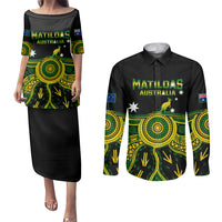 Australia Soccer Couples Matching Puletasi Dress and Long Sleeve Button Shirts Aboriginal Go Matildas 2023 World Cup - Wonder Print Shop