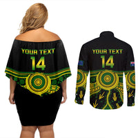 Personalised Australia Soccer Couples Matching Off Shoulder Short Dress and Long Sleeve Button Shirts Aboriginal Go Matildas 2023 World Cup - Wonder Print Shop