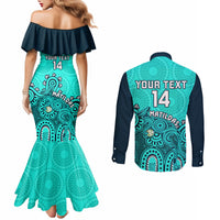 personalised-australia-soccer-couples-matching-mermaid-dress-and-long-sleeve-button-shirts-aboriginal-turquoise-2023-world-cup-with-kangaroo