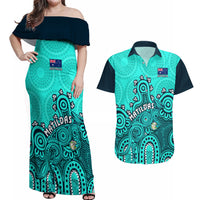 Personalised Australia Soccer Couples Matching Off Shoulder Maxi Dress and Hawaiian Shirt Aboriginal Turquoise 2023 World Cup With Kangaroo - Wonder Print Shop