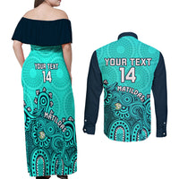 Personalised Australia Soccer Couples Matching Off Shoulder Maxi Dress and Long Sleeve Button Shirts Aboriginal Turquoise 2023 World Cup With Kangaroo - Wonder Print Shop