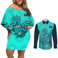 Personalised Australia Soccer Couples Matching Off Shoulder Short Dress and Long Sleeve Button Shirts Aboriginal Turquoise 2023 World Cup With Kangaroo - Wonder Print Shop