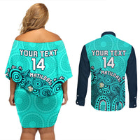 Personalised Australia Soccer Couples Matching Off Shoulder Short Dress and Long Sleeve Button Shirts Aboriginal Turquoise 2023 World Cup With Kangaroo - Wonder Print Shop