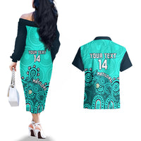 Personalised Australia Soccer Couples Matching Off The Shoulder Long Sleeve Dress and Hawaiian Shirt Aboriginal Turquoise 2023 World Cup With Kangaroo - Wonder Print Shop