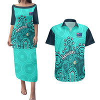 Personalised Australia Soccer Couples Matching Puletasi Dress and Hawaiian Shirt Aboriginal Turquoise 2023 World Cup With Kangaroo - Wonder Print Shop