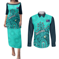 Personalised Australia Soccer Couples Matching Puletasi Dress and Long Sleeve Button Shirts Aboriginal Turquoise 2023 World Cup With Kangaroo - Wonder Print Shop