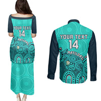 Personalised Australia Soccer Couples Matching Puletasi Dress and Long Sleeve Button Shirts Aboriginal Turquoise 2023 World Cup With Kangaroo - Wonder Print Shop