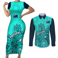 Personalised Australia Soccer Couples Matching Short Sleeve Bodycon Dress and Long Sleeve Button Shirts Aboriginal Turquoise 2023 World Cup With Kangaroo - Wonder Print Shop