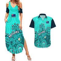 Personalised Australia Soccer Couples Matching Summer Maxi Dress and Hawaiian Shirt Aboriginal Turquoise 2023 World Cup With Kangaroo - Wonder Print Shop