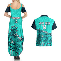 Personalised Australia Soccer Couples Matching Summer Maxi Dress and Hawaiian Shirt Aboriginal Turquoise 2023 World Cup With Kangaroo - Wonder Print Shop