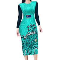 Personalised Australia Soccer Long Sleeve Bodycon Dress Aboriginal Turquoise 2023 World Cup With Kangaroo - Wonder Print Shop