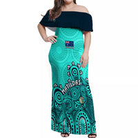 Personalised Australia Soccer Off Shoulder Maxi Dress Aboriginal Turquoise 2023 World Cup With Kangaroo - Wonder Print Shop